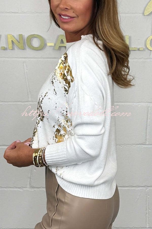 Fashionable Gold Stamping Printed Round Neck Long Sleeve Loose Sweater