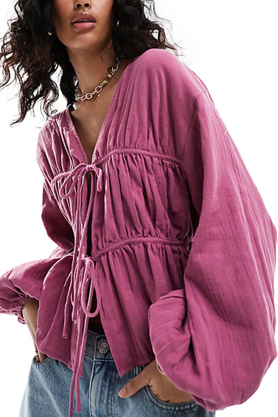 Solid Color V-neck Long-sleeved Tie-up Pleated Loose Top