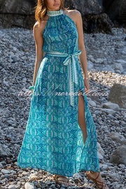 Unique Print Sexy Off-the-shoulder Waist Tie Slit Holiday Midi Dresses