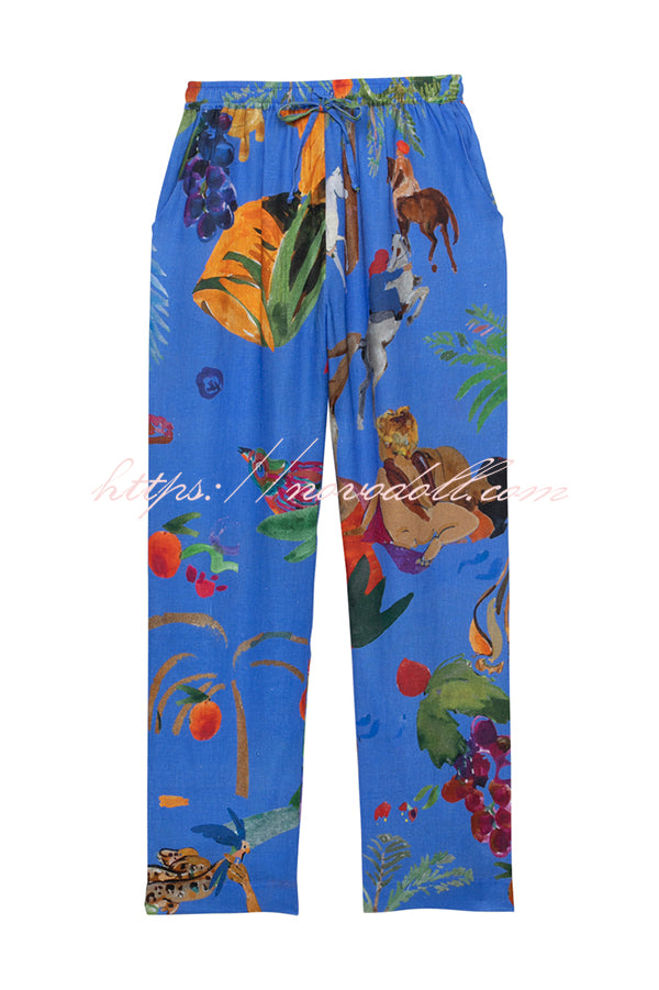Unique Print Lapel Long Sleeve Loose Shirt and Elastic Waist Pocket Wide Leg Pants Set