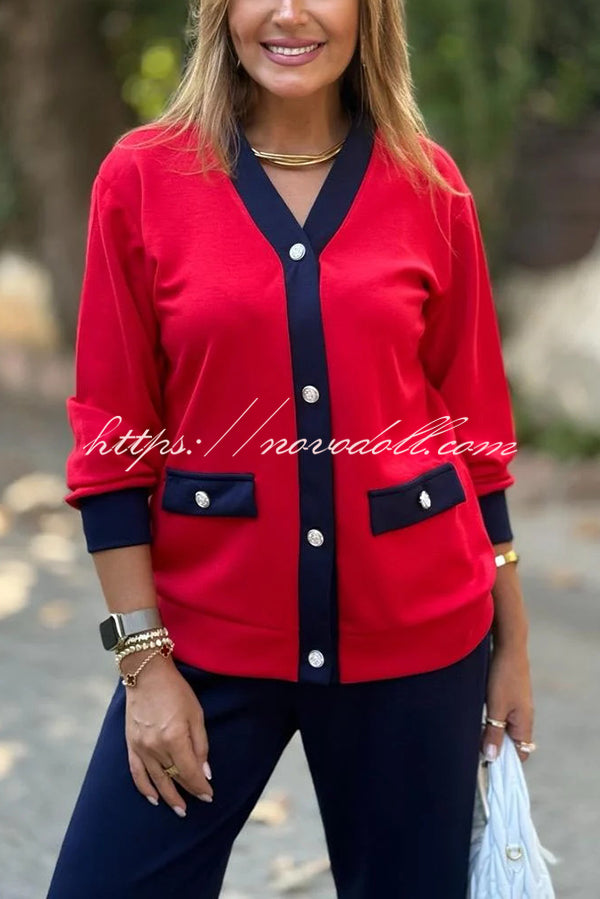 Stylish Color-blocked V-neck Knitted Button-down Cardigan and Elastic Waist Casual Wide-leg Pants Set