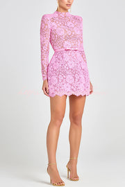 Champagne Toast Flower Lace Long Sleeve Bow Belted Mini Dress