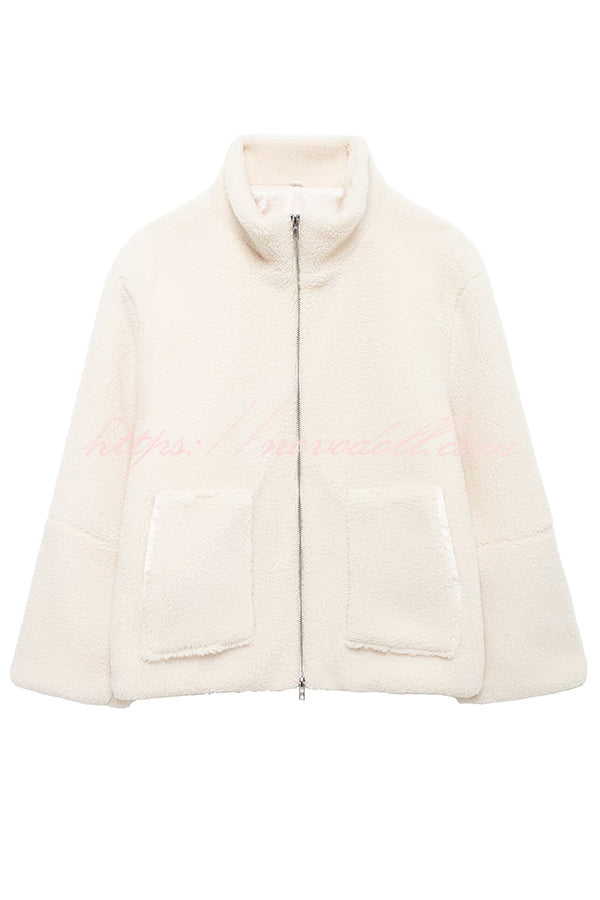 Solid Color Stitching High Collar Long Sleeve Loose Pocket Woolen Coat