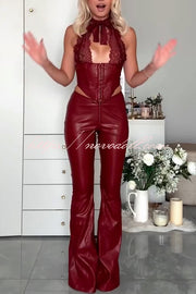 Style Challenge Stretch Faux Leather Lace Halter Tank and Zipper Waist Flare Pants Set
