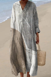 Line Spot Print V-Neck Long Sleeve Loose Midi Dress