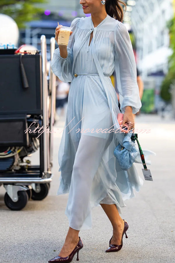Elegant and Graceful Tie-up Neck Long Balloon Sleeve Handkerchief Midi Dress