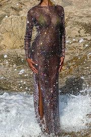 Sparkling Sequin Round Neck Slit See Through Long Sleeve Maxi Dress