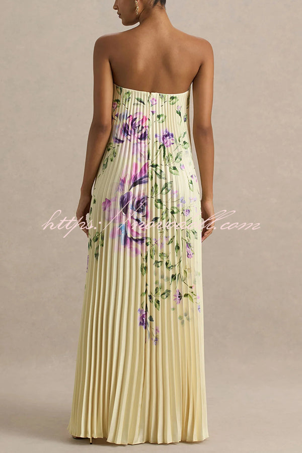 For Every Occasion Satin Pleated Floral Print V-wire Bandeau Neck Maxi Dress