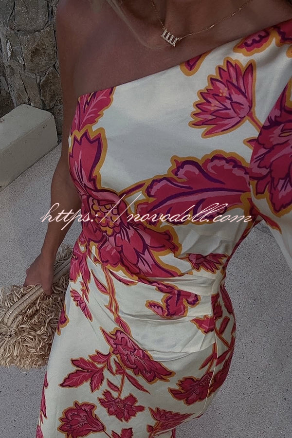 Rhia Satin Floral Print One Shoulder Flared Maxi Dress