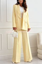 Solid Color Lapel Long Sleeve Casual Blazer and Pocket Wide Leg Pants Set