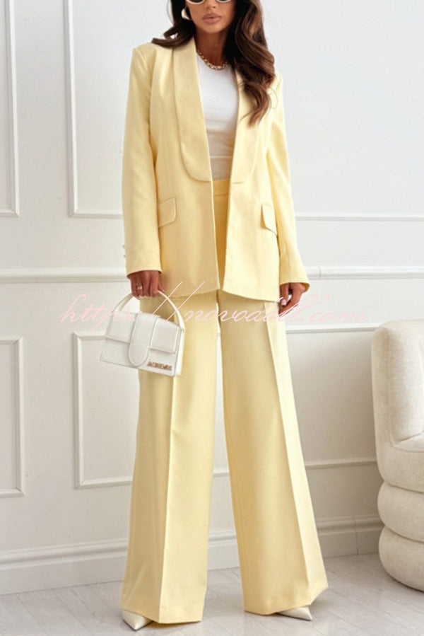 Solid Color Lapel Long Sleeve Casual Blazer and Pocket Wide Leg Pants Set