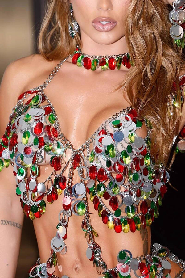 Colorful Sequined Rhinestone Top and Skirt Sets