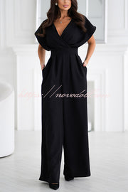 Solid Color V-neck Waist Casual Wide-leg Jumpsuit