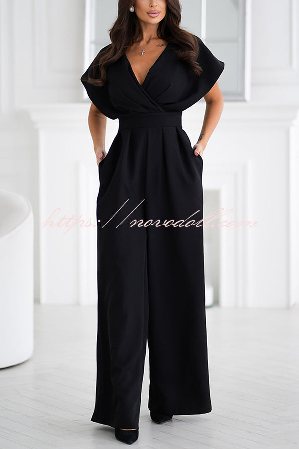 Solid Color V-neck Waist Casual Wide-leg Jumpsuit
