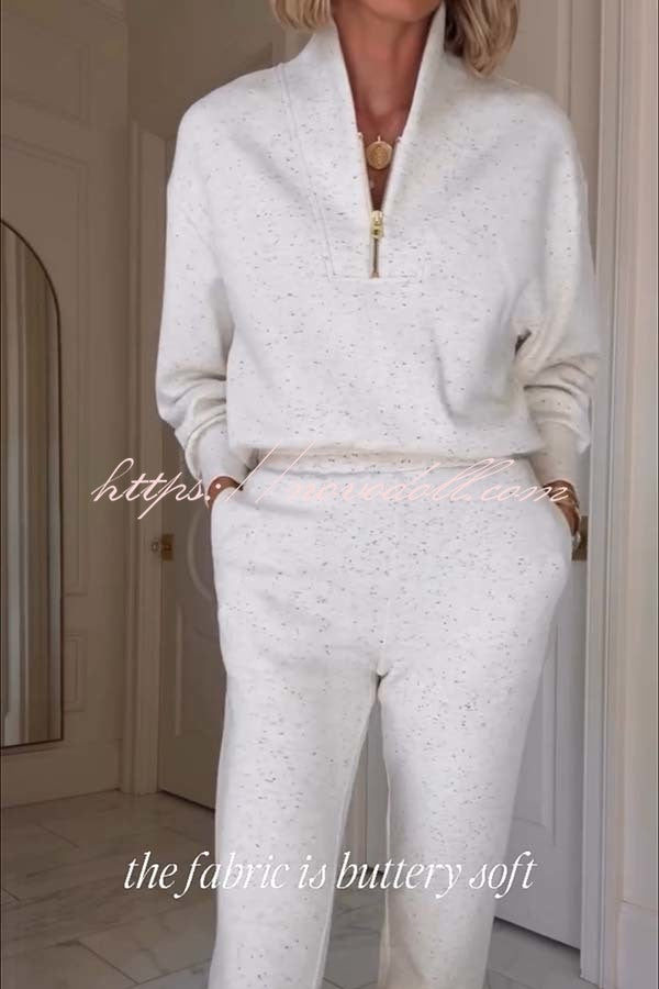 Ivory Marl Fleck Half-Zip Neck Long Sleeve Sweatshirt and Elastic Waist Pocket Jogger Set