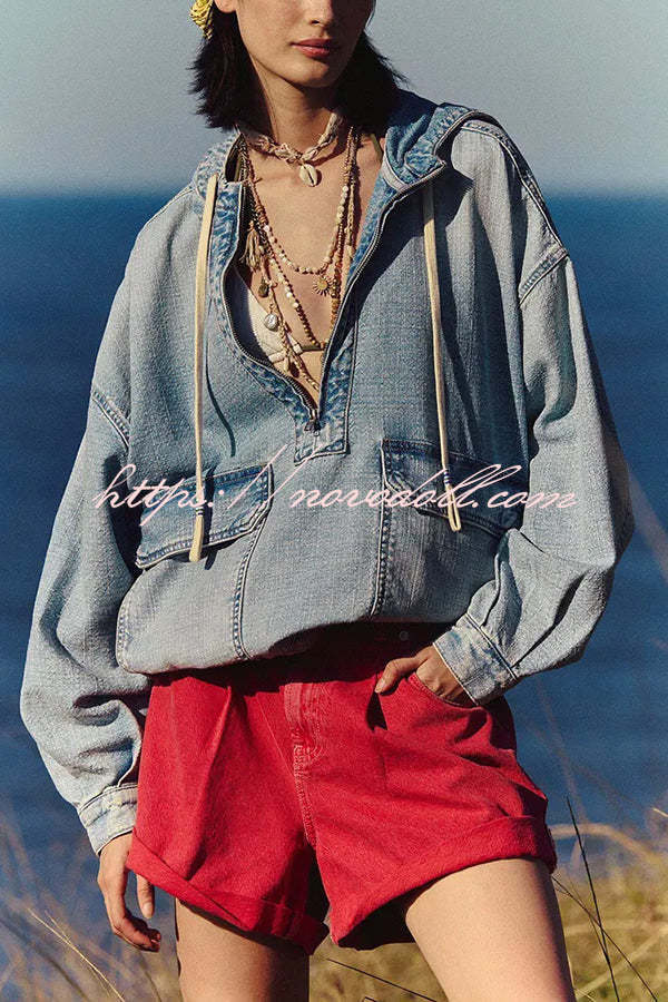 Fashion Loose Pocket Casual Denim Zipper Hoodie