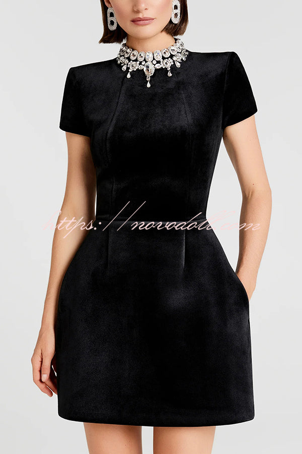 Regan Luxurious Velvet Jewel-encrusted Turtleneck Short Sleeve Pocket Tulip Mini Dress