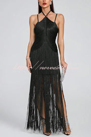 Sexy Halterneck Open Back Elegant Tassel Slim Maxi Dress