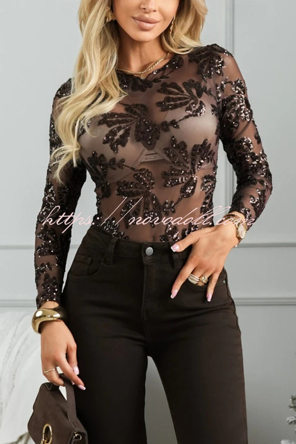 Dazzling and Sparkle Mesh Floral Sequin Long Sleeve Stretch Bodysuit