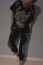 Stylish Tiger Print Short Sleeve Crew Neck Top and Elastic Waist Pocket Pants Set