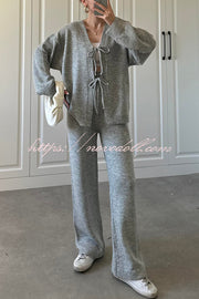 Solid Color V-neck Tie Long-sleeved Loose Knit Cardigan and Elastic Waist Casual Straight Leg Pants Set