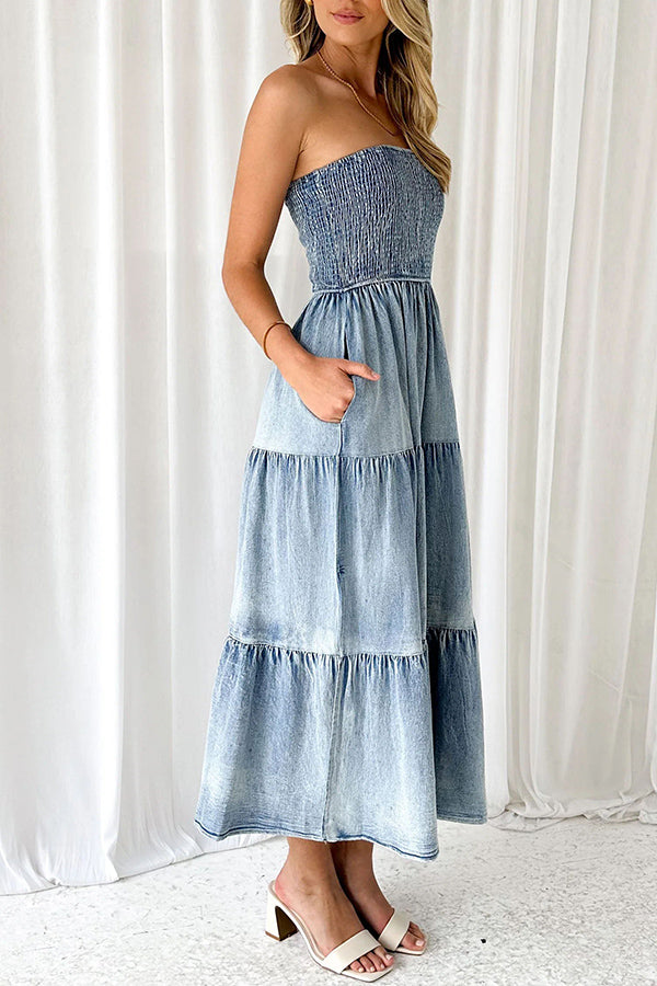 Asmn Off Shoulder Pleated Paneled Denim Maxi Dress