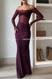 Forever Shimmering Sequin Mesh Patchwork Long Sleeve Strapless Stretch Maxi Dress