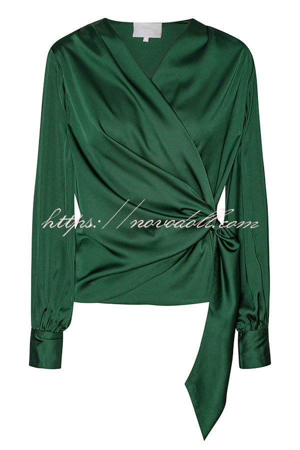 Satin Solid Color V-neck Tie Up Long Sleeve Loose Shirt