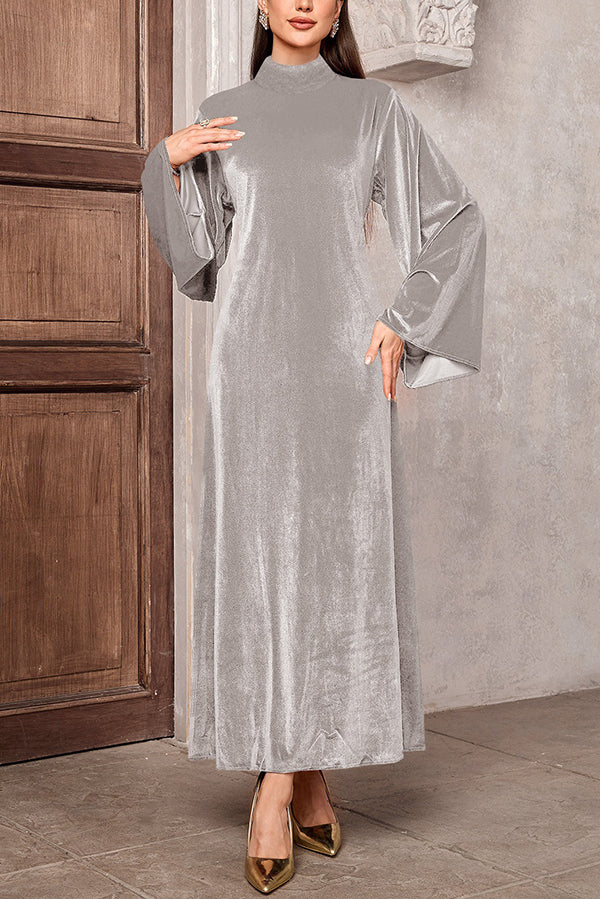 Solid Color Velvet Bell Sleeves Tie Waist Elegant Maxi Dress
