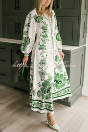 Forest Soul Unique Print Button Down Long Sleeve Shirt Maxi Dress