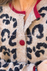 Leopard Print Crew Neck Long-sleeved Loose Knit Cardigan