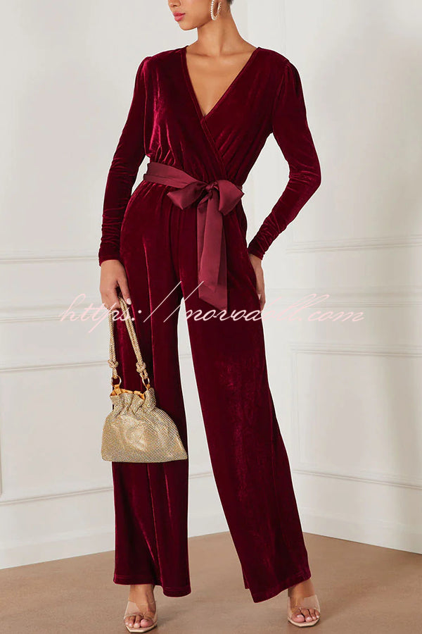 Love One Another Velvet Bow Belted Pocket Cutout Back Loose Jumpsuit