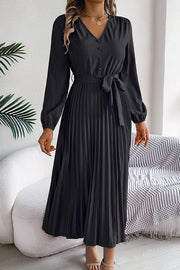 Solid Color Elegant V-neck Buttoned Lace-up Pleated Maxi Dress