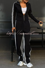 Fashionable Sports Style Striped Long-sleeved Jacket and Elastic Waist Casual Pants Set