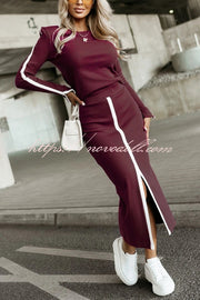 Stylish Paneled Long Sleeve Crew Neck Top and Elastic Waist Slit Midi Skirt Set