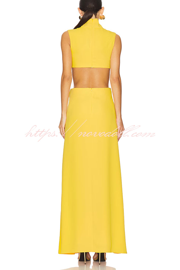 Avery High Neck Metal Decoration Cutout Waist Maxi Dress