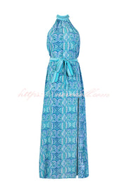 Unique Print Sexy Off-the-shoulder Waist Tie Slit Holiday Midi Dresses