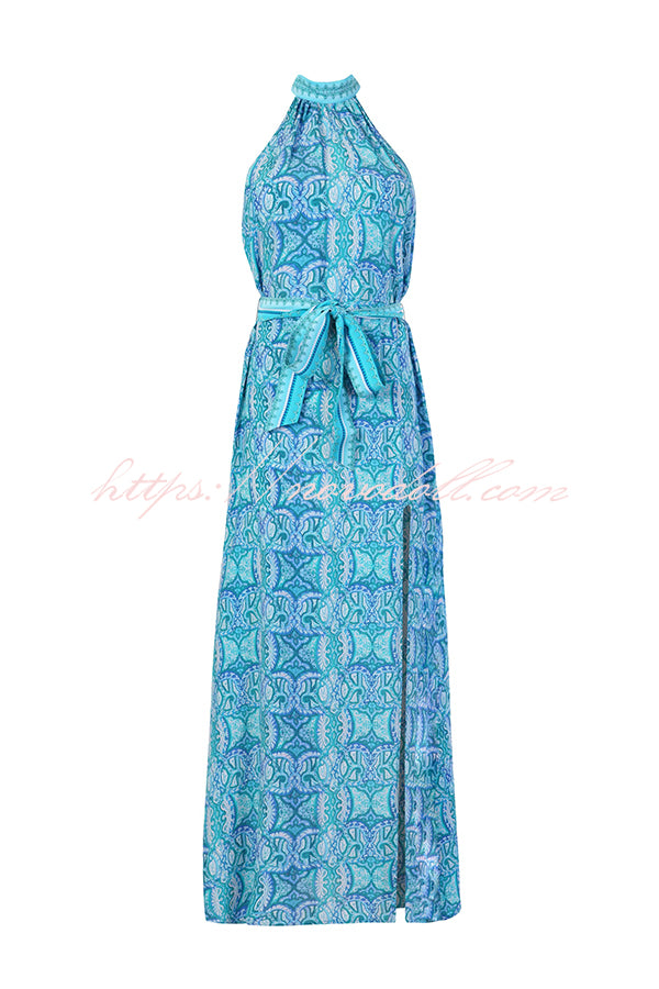 Unique Print Sexy Off-the-shoulder Waist Tie Slit Holiday Midi Dresses