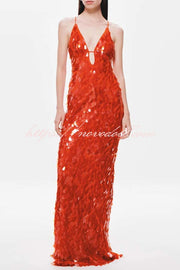 Reshape Beauty Fish Scale Sequin Cutout U-neck Slip Maxi Dress