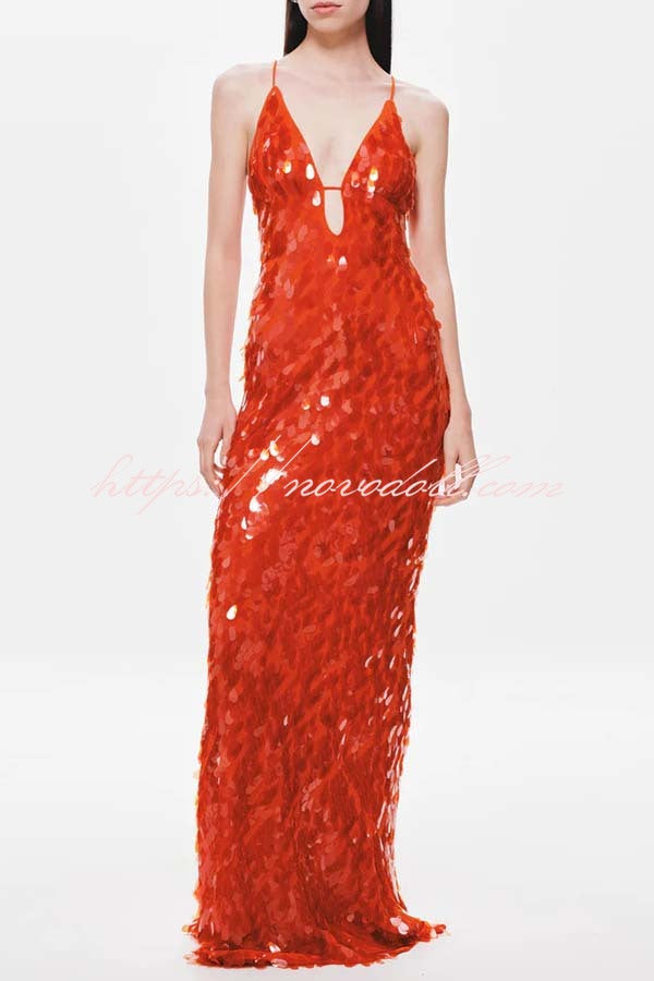 Reshape Beauty Fish Scale Sequin Cutout U-neck Slip Maxi Dress