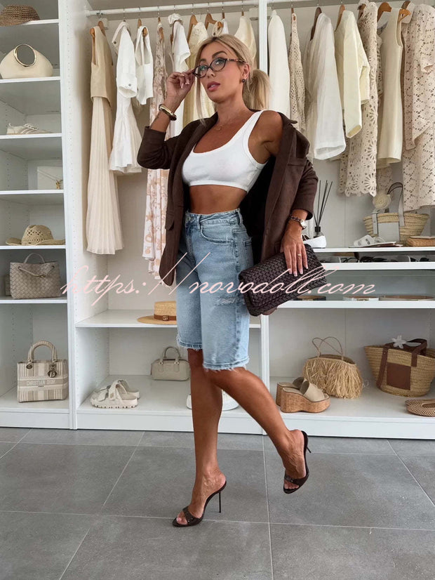Fashion Denim Pocket Frayed Bermuda Shorts
