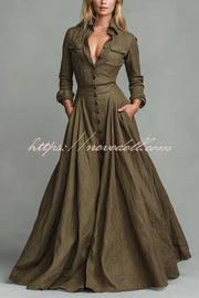 Linen Blend Lapel Pocket Single-breasted Shirt-style Casual Maxi Dress