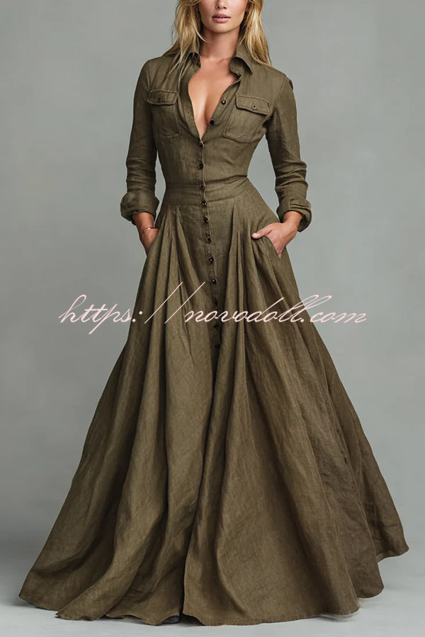 Linen Blend Lapel Pocket Single-breasted Shirt-style Casual Maxi Dress