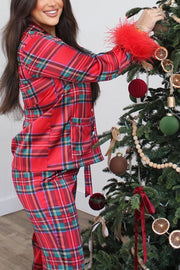 Christmas Besties Party Printed Feather Trim Elastic Waist Pocketed Pajama Set