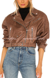 Fashion Lapel Long Sleeve Casual Zipper Pocket Leather Jacket