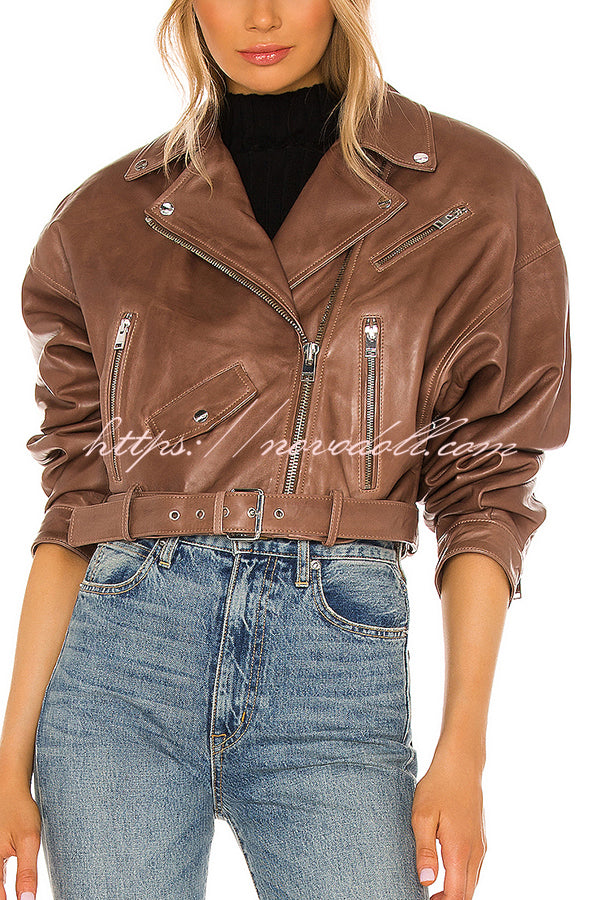 Fashion Lapel Long Sleeve Casual Zipper Pocket Leather Jacket