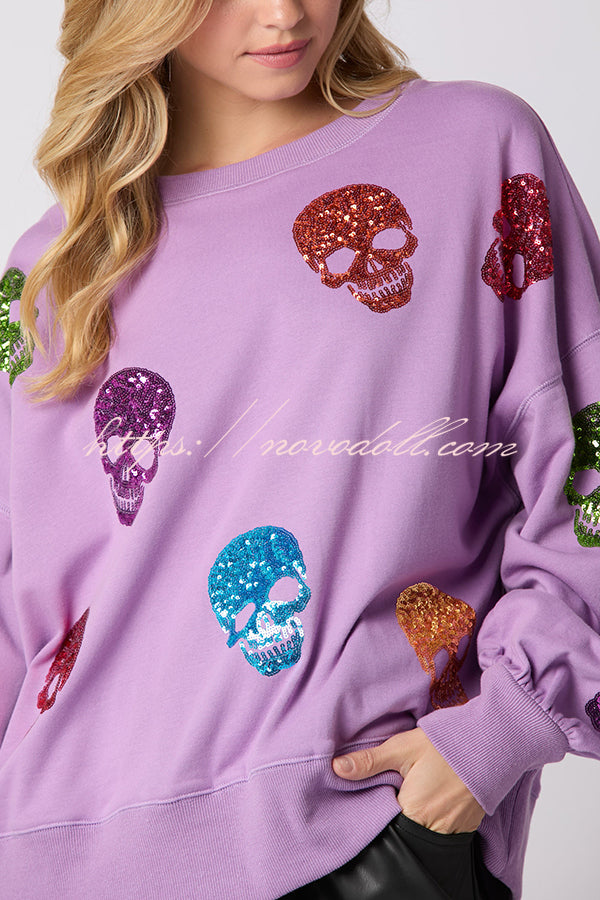 Halloween Skull Sequin Loose Casual Sweatshirt