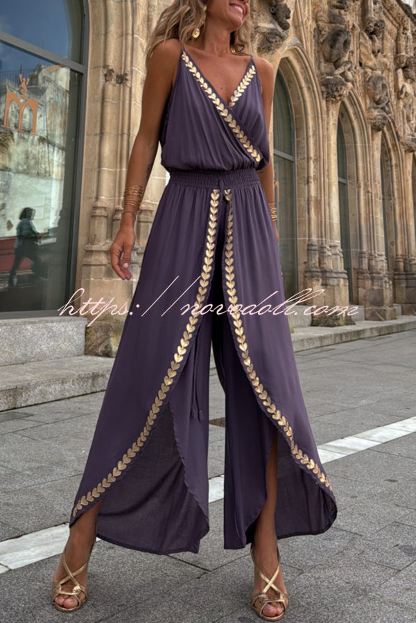 Tamia Gold Trim Elastic Waist Slit Wide Leg Slip Jumpsuit