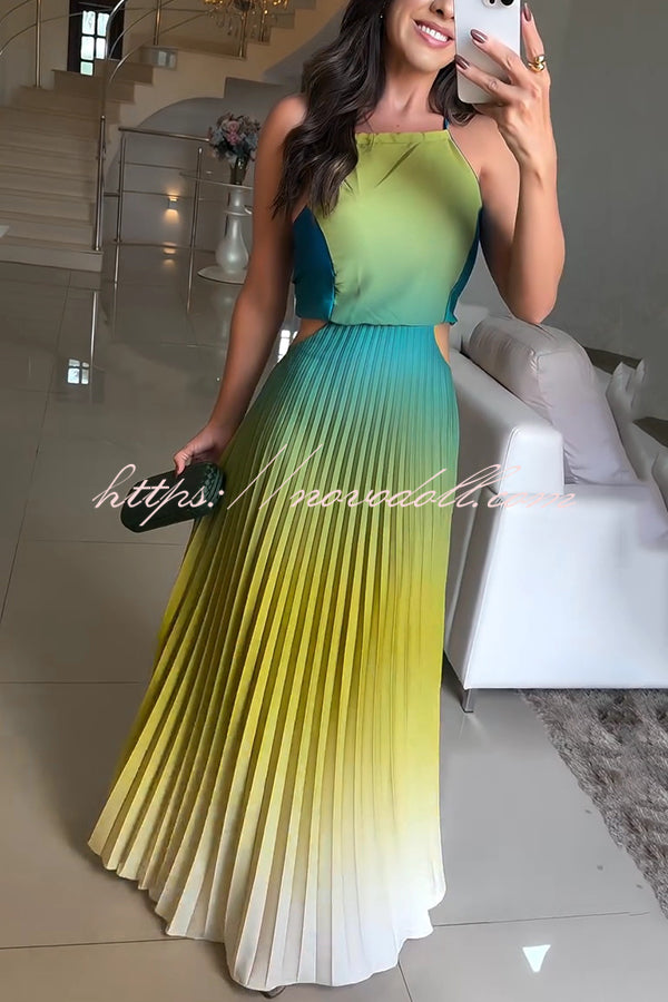 Fashionable Backless Tie Elegant Gradient Pleated Maxi Dress