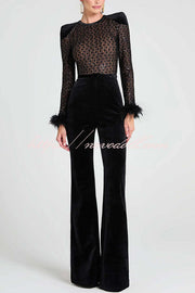 Monique Fish Scale Lace Sequin Velvet Patchwork Feather Trim Belted Stretch Flare Jumpsuit